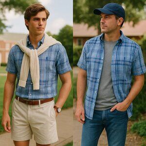 Ralph Lauren Mens Blue Plaid Shirt XL Y2K Preppy Classic Fit Dadcore Summer
